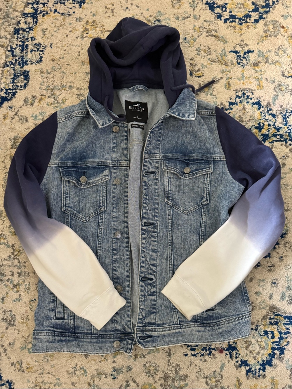 Hollister Blue Denim Jacket with Navy-to-White Ombre Hoodie Sleeves